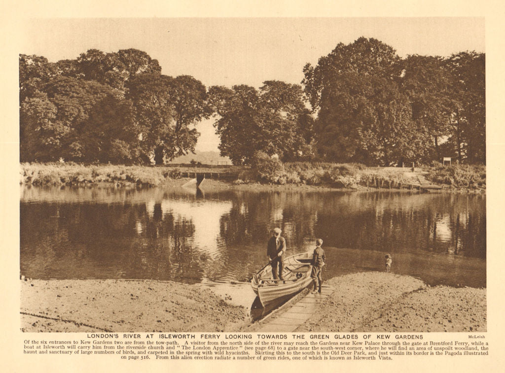 Thames at Isleworth Ferry looking towards Kew Gardens. Rowing boat 1926 print